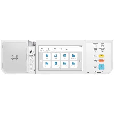 Panneau de commande d'une imprimante avec écran tactile affichant des options telles que 'Copier', 'Numériser', 'Lecteur USB' et 'Fax'. Touches de démarrage, arrêt et réinitialisation.