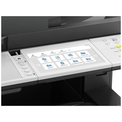 Un imprimante multifonction avec un panneau de commande. L'écran affiche des options telles que 'Copier', 'Numériser', 'Fax' et 'Port USB'.