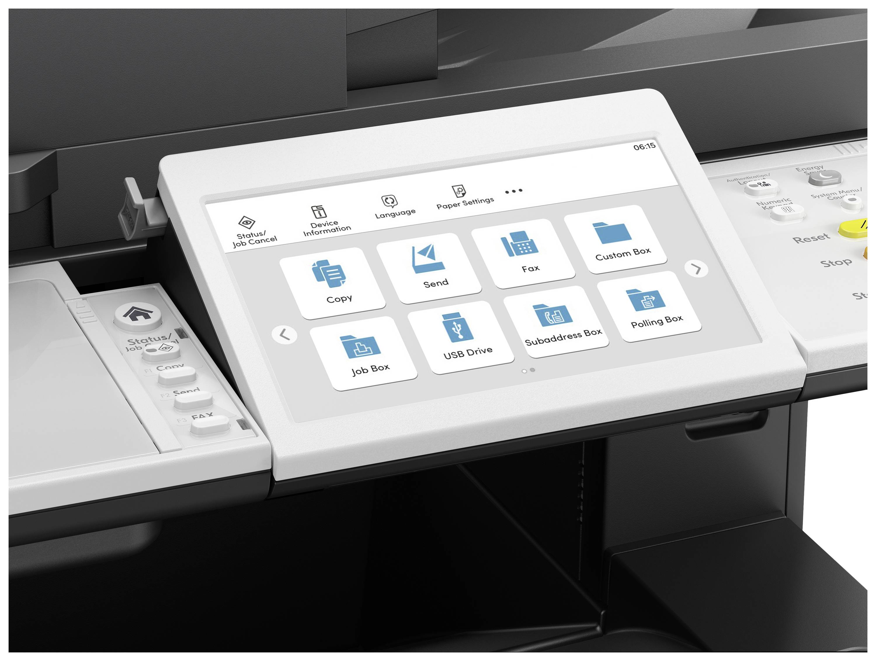 Un panneau de commande d'imprimante affiche des symboles pour 'Copier', 'Envoyer', 'Fax', 'Boîte utilisateur', 'Boîte de tâches', 'Lecteur USB', 'Sous-répertoire', 'Boîte aux lettres'.