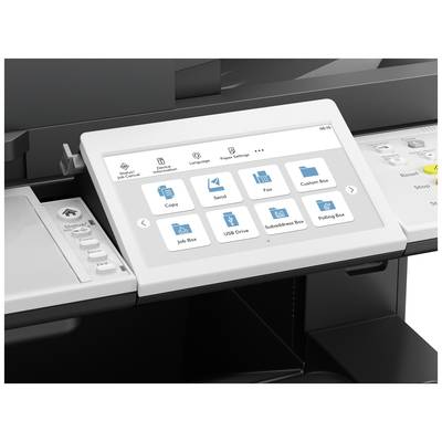Un panneau de commande d'imprimante affiche des symboles pour 'Copier', 'Envoyer', 'Fax', 'Boîte utilisateur', 'Boîte de tâches', 'Lecteur USB', 'Sous-répertoire', 'Boîte aux lettres'.