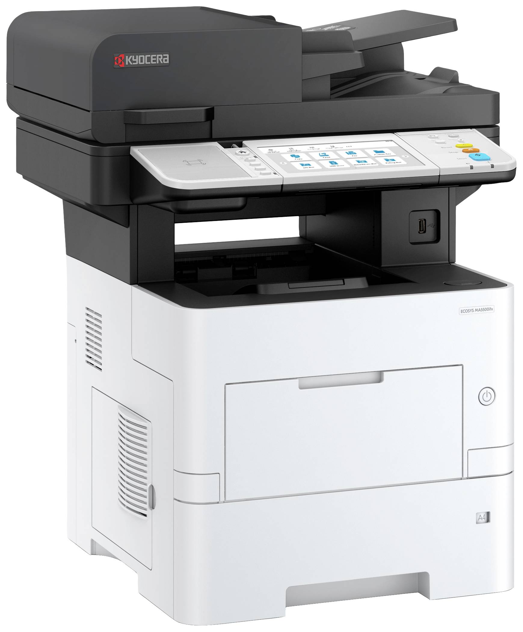Un imprimante multifonction gris et blanc avec scanner, copieur et panneau de commande en haut. Idéal pour un usage de bureau.