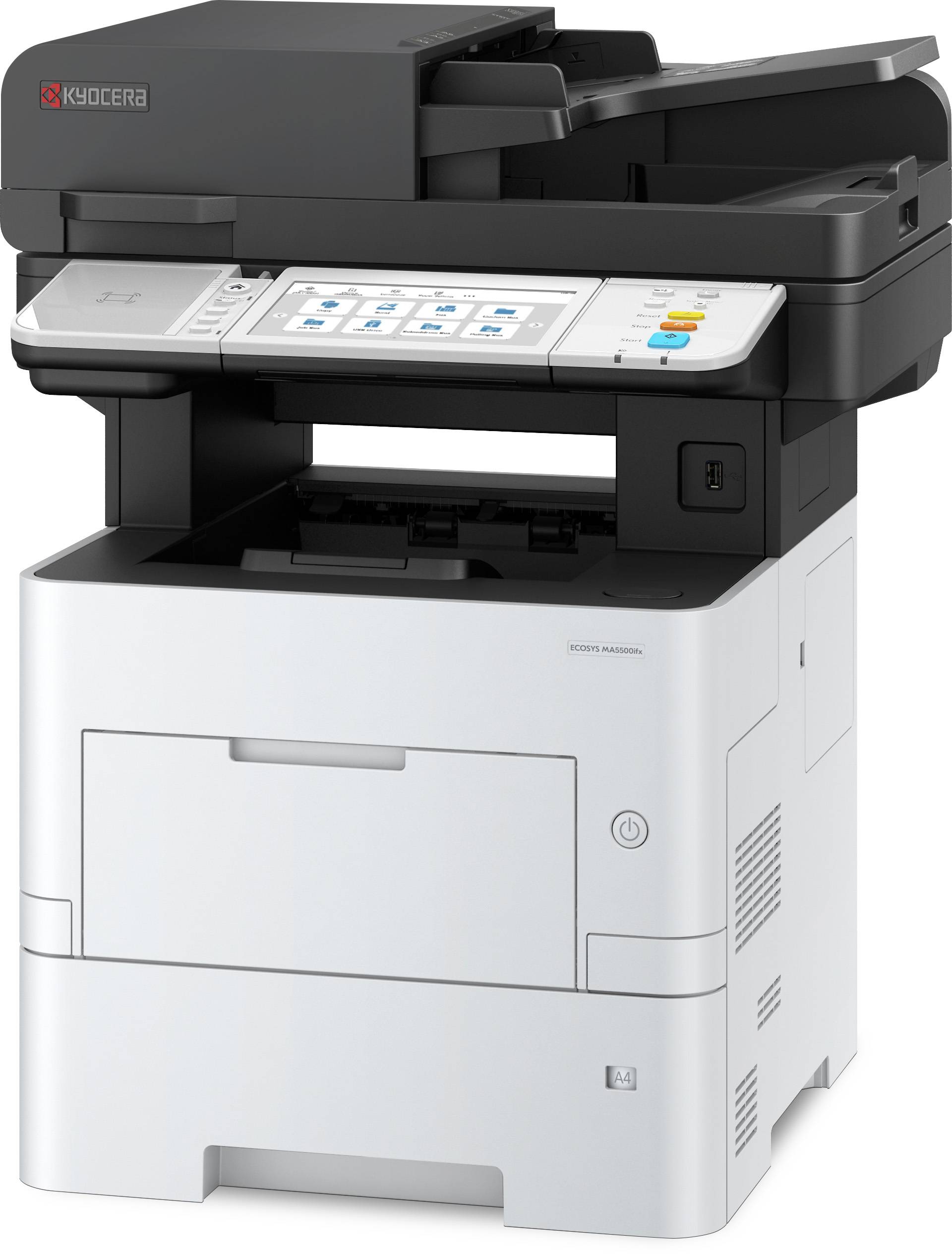 Un imprimante multifonction avec un panneau de commande tactile. Il permet d'imprimer, copier, numériser et télécopier depuis un seul appareil.
