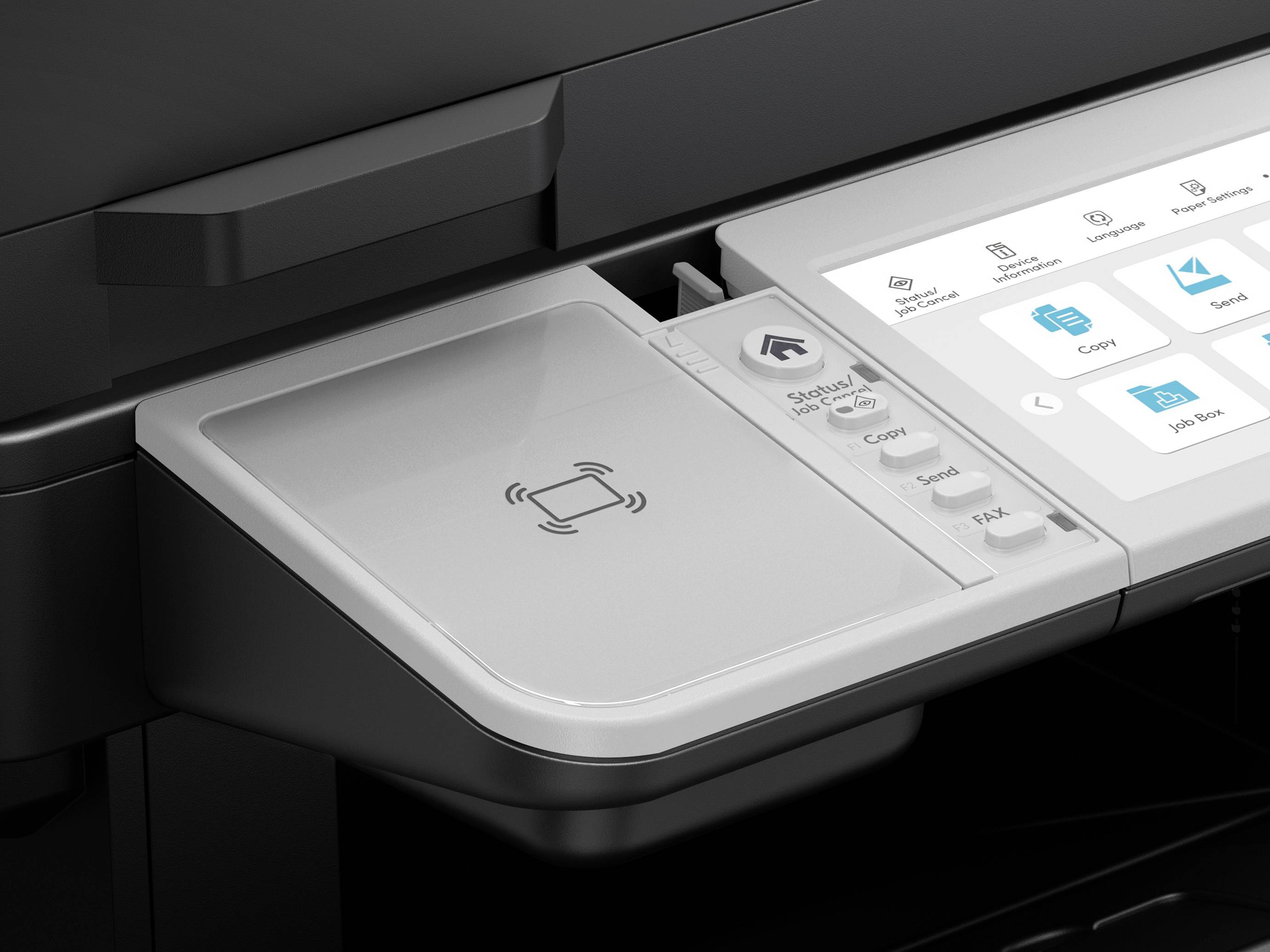 Une imprimante avec un grand écran tactile affiche des options comme 'Imprimer', 'Copier' et 'Numériser'. À gauche se trouve une zone NFC.