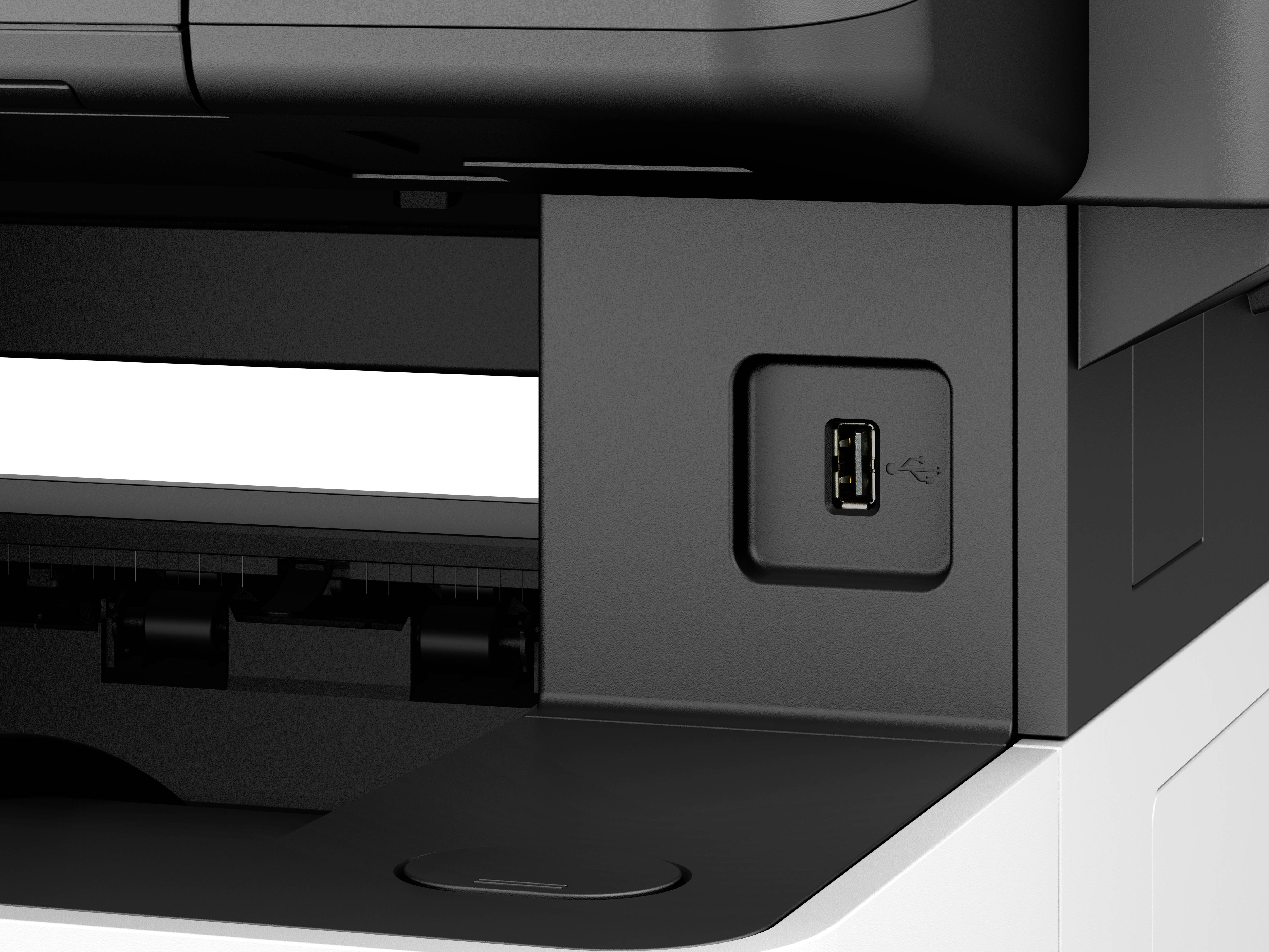 Gros plan d'une imprimante avec vue sur un port USB à l'avant. Le port se trouve à droite de la zone de commande.