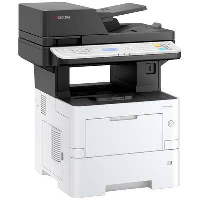 Un imprimante multifonction noir et blanc de Kyocera avec un panneau de commande et un bac de sortie, sur un fond blanc.