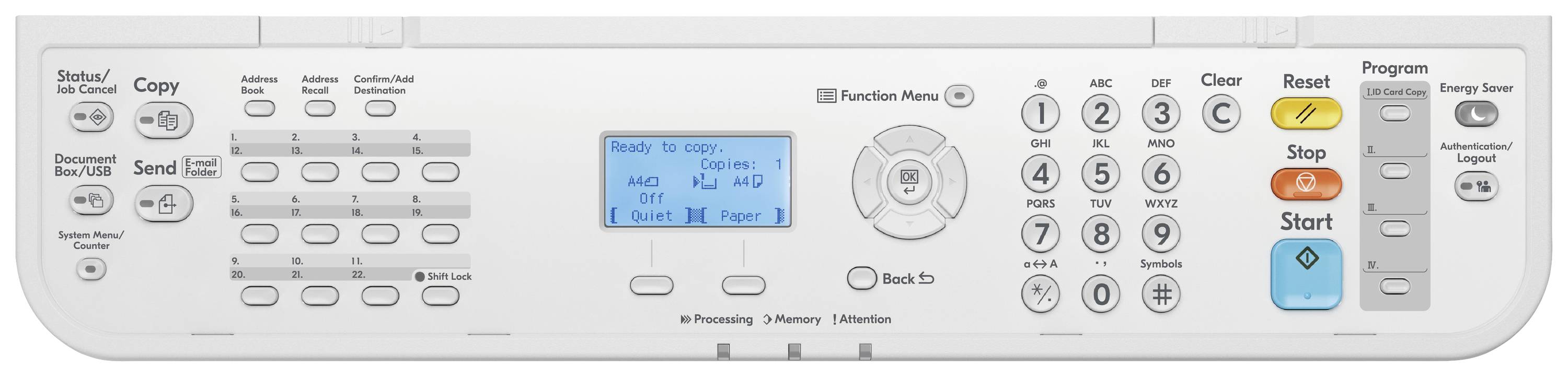 Panneau de commande d'un copieur avec des touches pour Impression, Copie et Fax. L'écran LCD affiche 'Prêt à copier'. Touches pour les chiffres, Démarrer, Arrêter et Sélection de programme.
