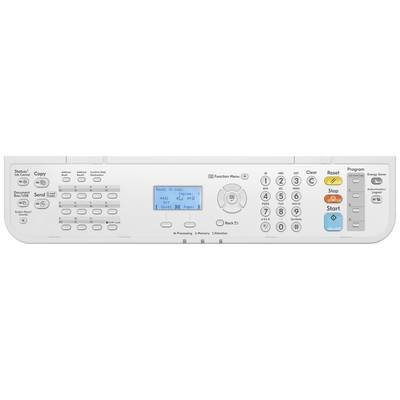 Panneau de commande d'un copieur avec des touches pour Impression, Copie et Fax. L'écran LCD affiche 'Prêt à copier'. Touches pour les chiffres, Démarrer, Arrêter et Sélection de programme.