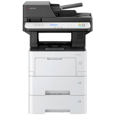 Une imprimante multifonction noir et blanc avec scanner et plusieurs bacs papier. Panneau de commande avec touches et écran en haut de l'appareil.