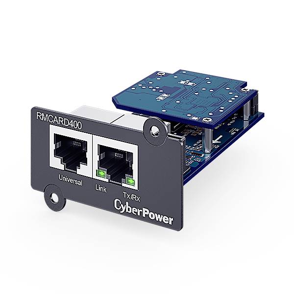 Une carte de gestion réseau CyberPower avec deux ports RJ-45, identifiés comme 'Universel' et 'Lien/Tx/Rx', sur une carte de circuit imprimé.