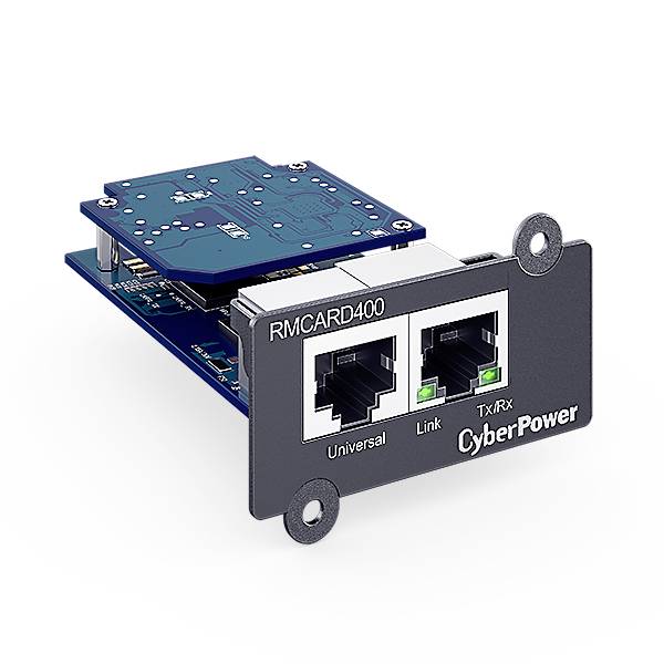 Une carte réseau CyberPower RMCARD400 avec deux ports Ethernet pour une connexion et un transfert de données universels.