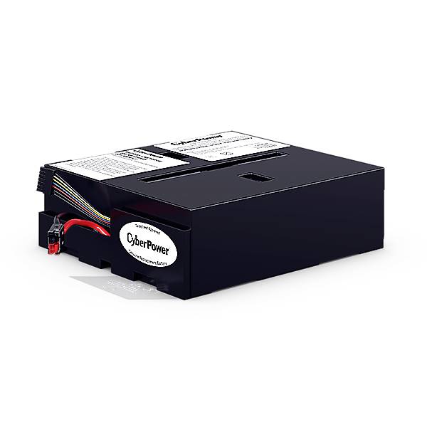 Un bloc-batterie rectangulaire noir avec des connexions de câbles et un logo 'CyberPower', servant d'unité d'alimentation de secours.