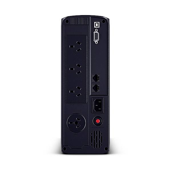 Face arrière d'un onduleur (UPS) avec prises électriques, un port USB, des connexions réseau et un interrupteur secteur.