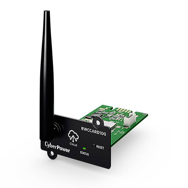 Une carte réseau avec une antenne et le logo 'CyberPower'. Elle dispose d'un bouton de réinitialisation et d'un indicateur de statut. Modèle : RWCCARD100.