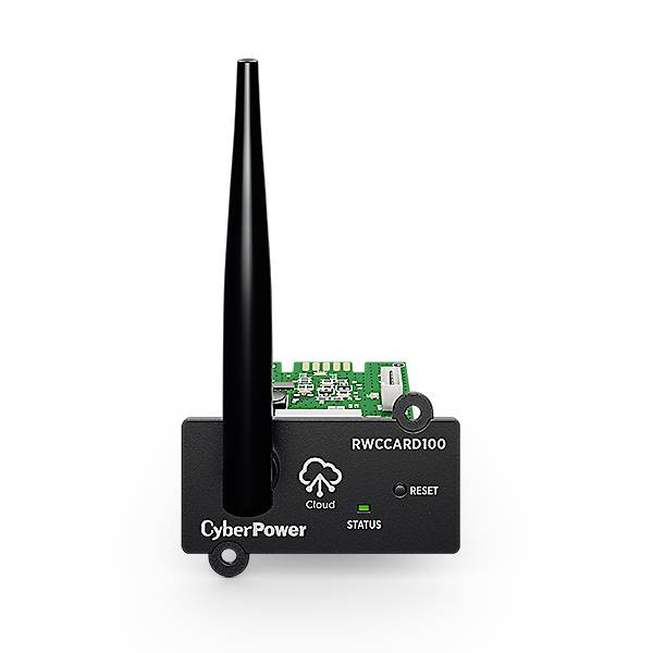 Une carte réseau CyberPower-RWCCARD100 avec antenne, utilisée pour la surveillance et la gestion des appareils sur le réseau.
