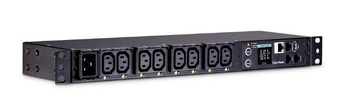 Un PDU (Power Distribution Unit) noir de 1U avec plusieurs prises électriques et un affichage numérique, adapté aux baies de serveurs.
