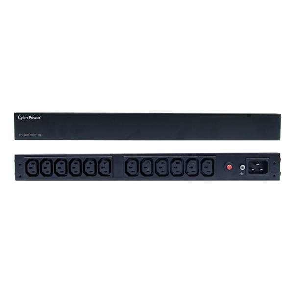 Une unité de distribution électrique (PDU) noire avec plusieurs prises électriques et un interrupteur réseau sur la façade avant.