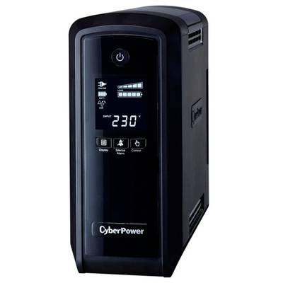 Appareil UPS noir avec affichage numérique, indiquant '230V'. Marque 'CyberPower'. Objectif principal : alimentation électrique sans interruption.