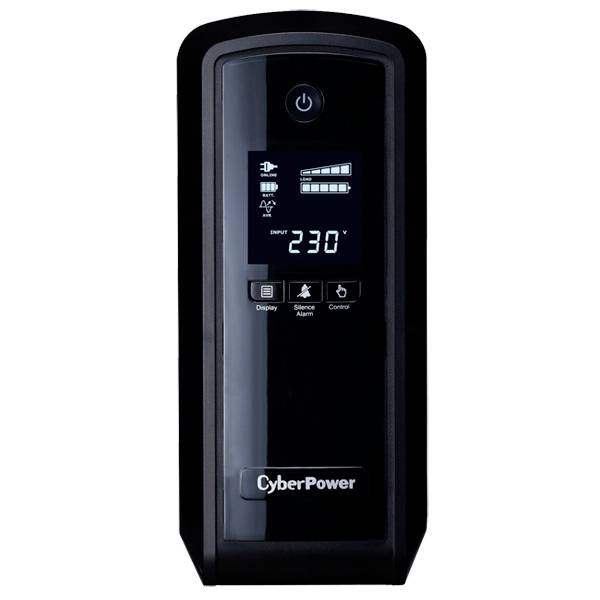 Un onduleur CyberPower avec affichage : puissance, batterie, protection contre les surtensions et tension d'entrée de 230 volts.