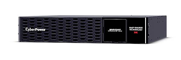 Appareil CyberPower noir et gris avec grille frontale et désignation de marque. Il présente une technologie de charge rapide et basée sur l'énergie.