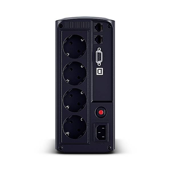 Vue arrière d'un appareil noir avec quatre prises électriques, deux connexions réseau, un port série et un interrupteur d'alimentation.