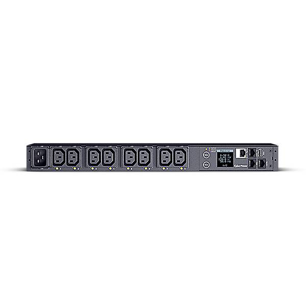 Un dispositif PDU à six prises, doté d'un affichage numérique et de connexions réseau pour la distribution électrique dans les centres de données.