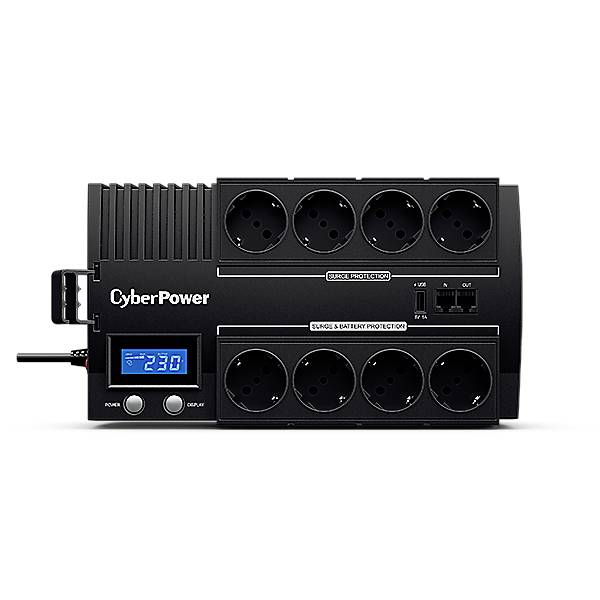 Un système d'alimentation sans interruption (ASI) de CyberPower, noir, avec six prises Schuko et un affichage LCD pour l'indication de tension.