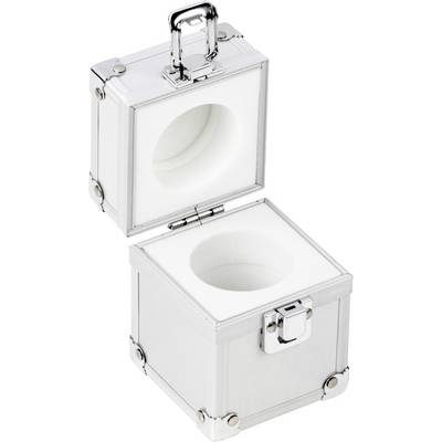 Une valise métallique argentée à forme carrée, ouverte, doublée de mousse, adaptée au rangement sécurisé d'un objet.