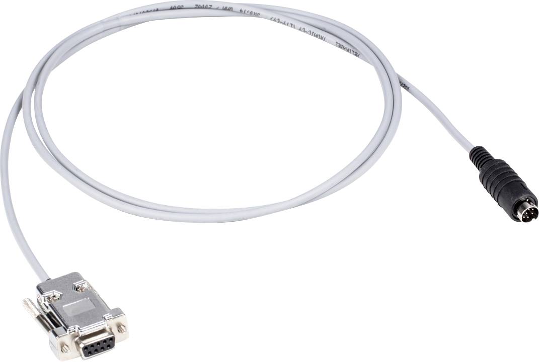 Câble avec connecteur RS232 et connecteur rond à l'autre extrémité, adapté pour les connexions de données entre appareils.