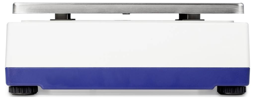 Balance électronique avec boîtier bleu et blanc et plateau en acier inoxydable, vue latérale.