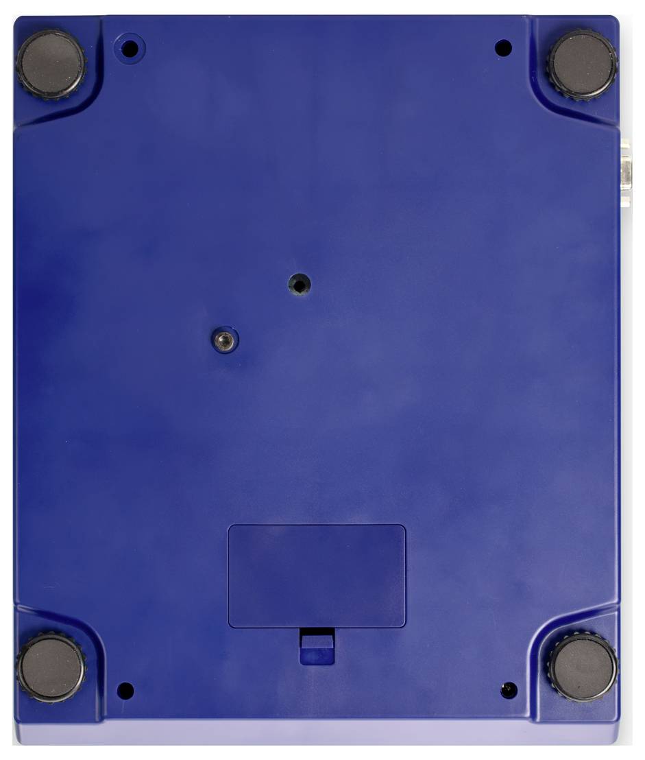 Le dos d'un appareil électronique bleu avec quatre pieds en caoutchouc ronds aux coins, avec un petit renfoncement central.