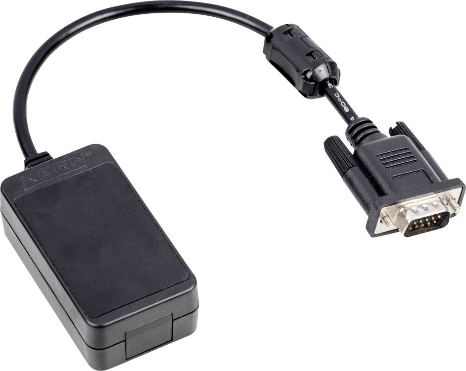 Un câble adaptateur noir relie un bloc rectangulaire à une fiche VGA, utilisée pour se connecter à des moniteurs plus anciens.