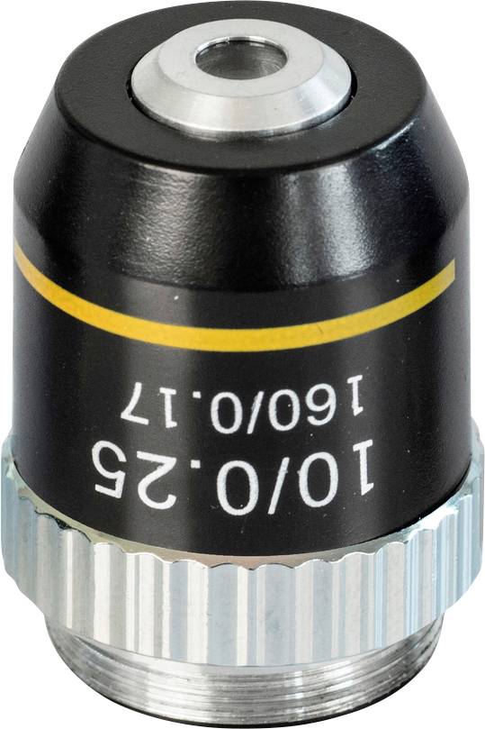 Un objectif de microscope noir avec un anneau jaune, étiqueté '160/0,17' et '10/0,25', monté sur une base en métal argenté.