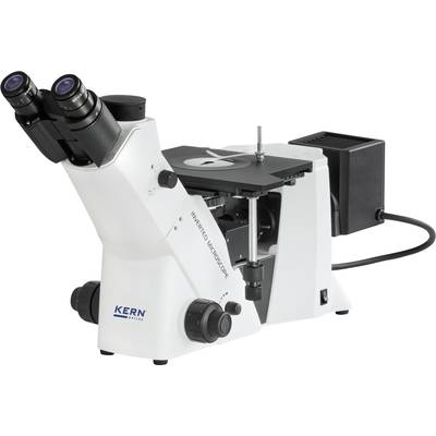 Un microscope inversé à deux oculaires et un porte-échantillon, étiqueté 'Kern', sur un fond blanc.