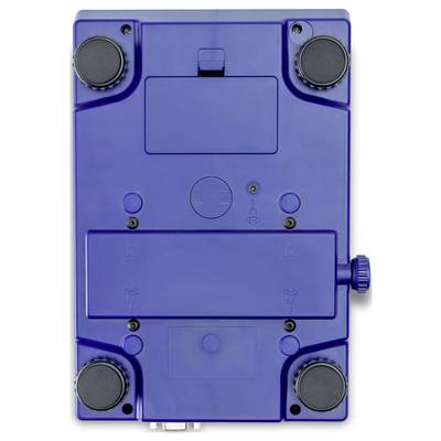 Un appareil rectangulaire bleu muni de quatre pieds ronds aux coins et présentant plusieurs vis et trappes sur sa surface.