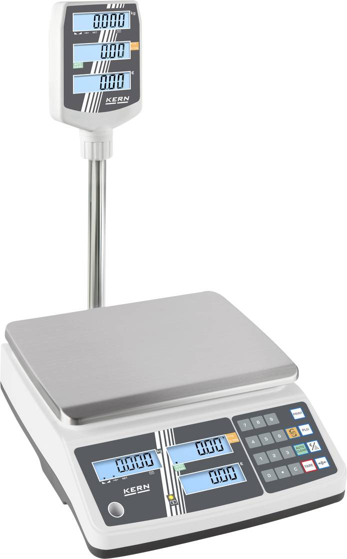Balance électronique avec affichage, montrant trois zéros dans tous les domaines. Comprend un clavier en bas à droite pour les entrées.