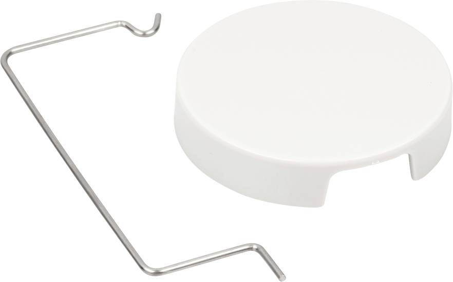 Couvercle blanc et rond avec un crochet métallique sur un fond blanc.