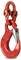Un crochet de grue en métal rouge avec un verrou de sécurité. Utilisé pour la fixation et la sécurisation de charges lourdes.