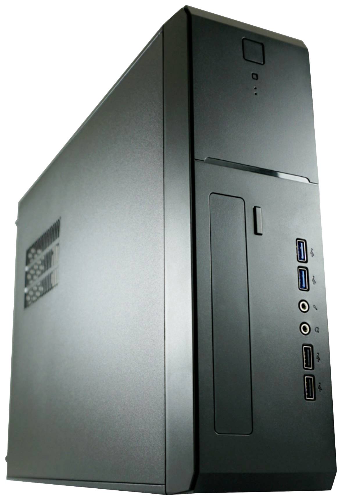 Ordinateur de bureau noir avec plusieurs ports USB à l'avant, adapté pour un usage professionnel ou domestique.