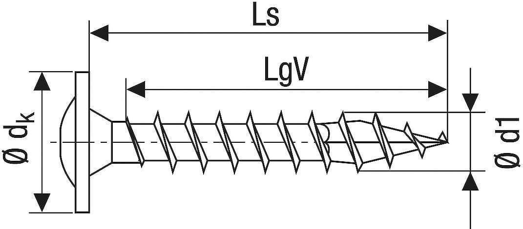 La figure montre un dessin technique d'une vis avec les dimensions suivantes : longueur totale (Ls), longueur de filetage (LgV), diamètre de tête (Ø dk) et diamètre extérieur (Ø d1).