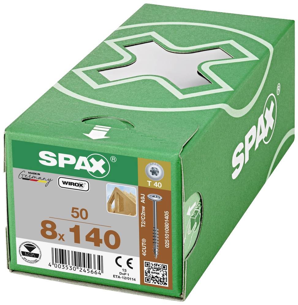 Un emballage vert pour vis Spax, taille 8 x 140 mm, avec revêtement Wirox. Contient 50 vis. Logo de la marque visible.