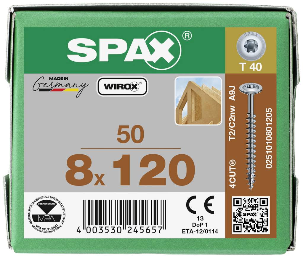 Boîte de 50 vis de la marque Spax, taille 8x120 mm. Contient les mentions 'Made in Germany', une image d'une construction en bois et un code QR.