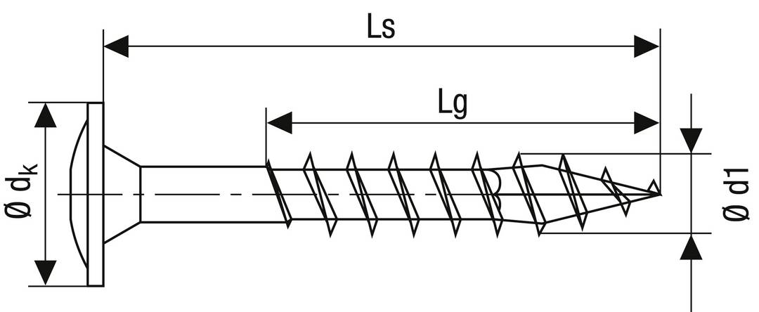 Dessin technique d'une vis avec dimensions. Les annotations comprennent Ls, Lg, dk et d1. Montre le filetage, la tête et la longueur.