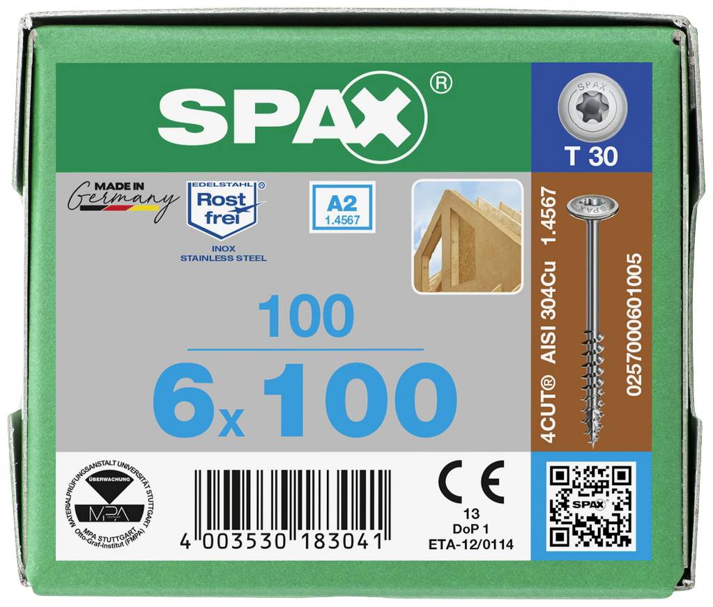Un emballage vert de vis SPAX, taille 6x100 mm, en acier inoxydable, antirouille, adaptées à la construction bois, avec code-barres et sceau de certification.