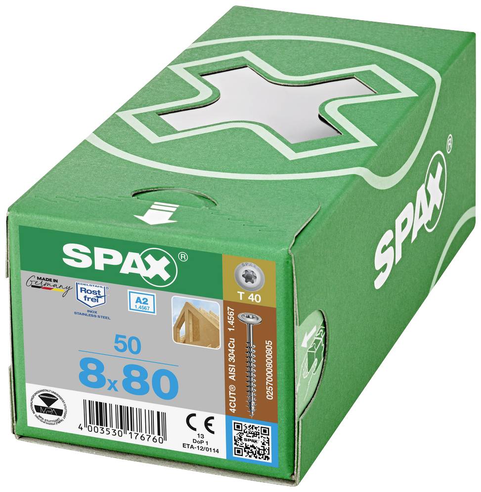 Boîte de 50 vis SPAX, 8x80 mm, t50. Adaptées à la construction bois, inoxydables. Emballage dans un carton vert avec le logo SPAX.