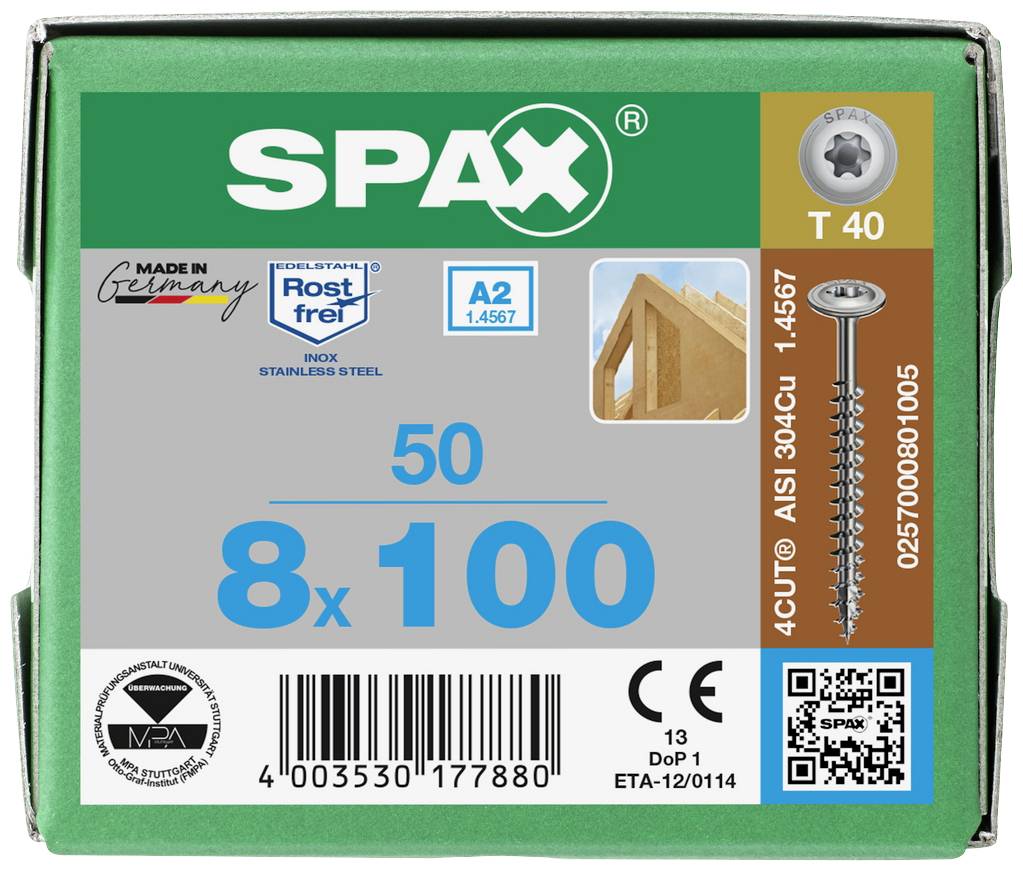 'Emballage de vis Spax, 50 pièces, 8x100 mm, inoxydable A2, acier inoxydable. Fabriqué en Allemagne. Code QR et informations techniques en bas à droite.'