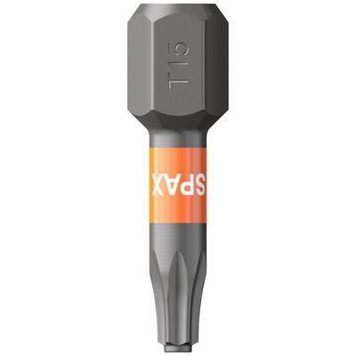 Embout Torx portant l'inscription 'T15', marqué d'un ruban orange et du libellé 'SPAX'.