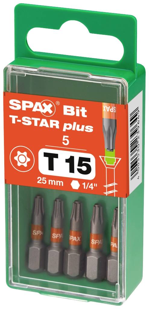 'Embout SPAX T-STAR plus', Lot de 5 embouts, Taille T15, Longueur 25 mm, compatible avec un mandrin 1/4", sur étiquette orange.