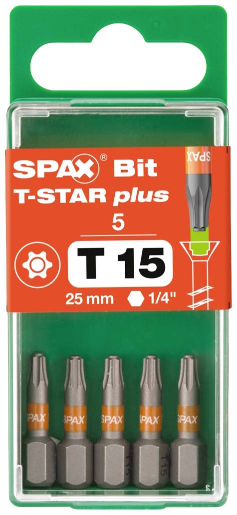 Cinq embouts SPAX T-STAR plus, taille T15, longueur 25 mm, dans un étui en plastique vert.