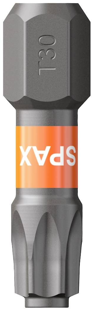Embout de tournevis pour vis Bitsch avec inscription 'SPAX', métallique avec étiquette orange, tête Torx T30, adapté aux travaux de vissage.