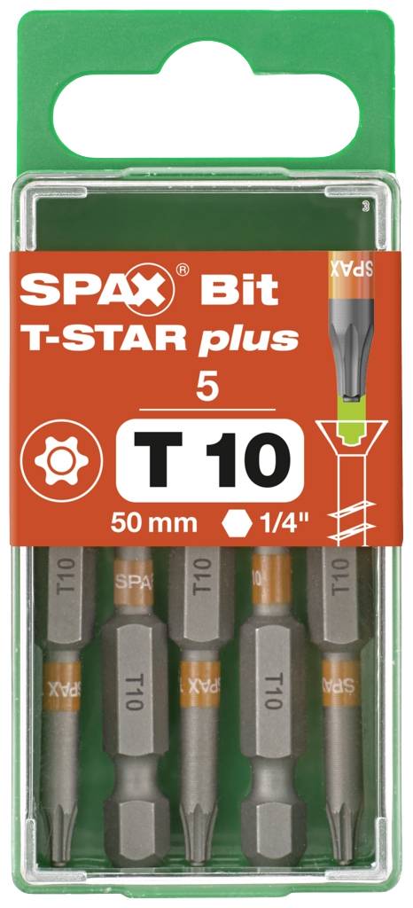 Un ensemble de cinq embouts SPAX T-STAR plus, taille T10, longueur 50 mm, hexagonal 1/4 de pouce, dans un boîtier en plastique transparent.